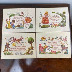 Vintage MCM 1968 Nursery Rhyme Wall Art Lithograph Prints Set of 4 12”x9”